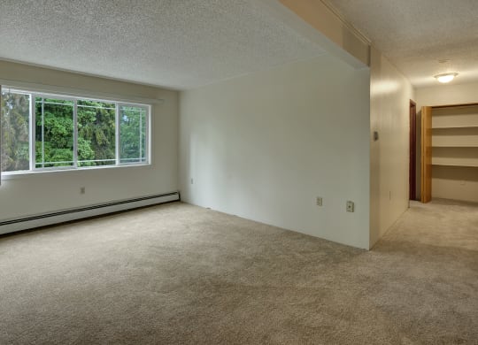 An empty room here at Taiga Apartments with beige carpet and white walls features a large window showing green trees outside. A hallway with shelves is on the right, under soft lighting.
