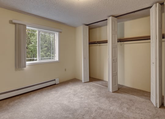 Empty carpeted bedroom here at Taiga Apartments with a large open closet featuring white folding doors. A window with blinds is on the left, revealing greenery outside. Neutral tones.