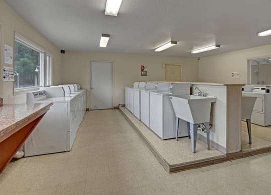 Spacious laundromat here at The Club at Eagle Pointe Apartments with rows of white washing machines and dryers, bright fluorescent lighting, and a central utility sink. Neutral, clean atmosphere.