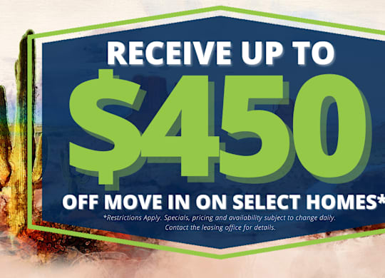 A promotional image offering up to $450 off on select homes.