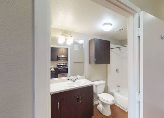 A clean bathroom here at BRIO at Firewheel with a dark wood vanity, white countertop, large mirror with bright lighting, toilet, and a tub-shower combo in a simple modern layout.