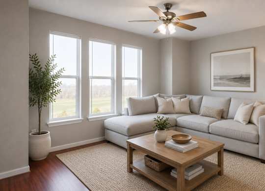 A living room with a white couch, a wooden coffee table, and a ceiling fan.