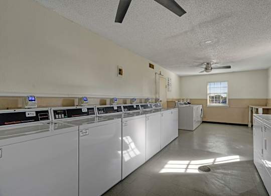A bright, spacious laundry room here at Golden Crest with multiple white washers and dryers, smooth flooring, and ceiling fans, featuring large windows that bring in natural light for a clean and comfortable shared laundry space.