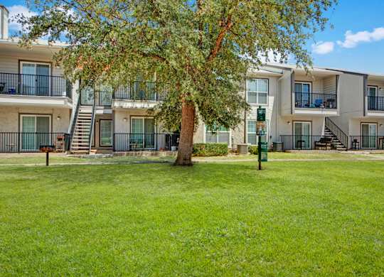 A well-maintained outdoor lawn here at High Plains with lush green grass, a large shade tree, and apartment buildings featuring private patios and balconies. A small community grill and open green space create a relaxed, inviting area for outdoor enjoyment.