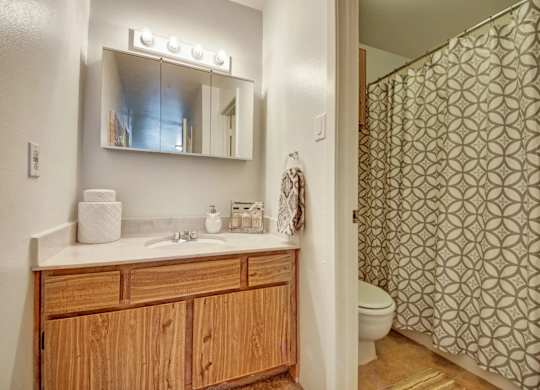 A tidy bathroom here at High Plains with a wooden vanity, light countertop, and a mirrored medicine cabinet with overhead lighting, featuring a bathtub-shower combo with a patterned curtain and a clean, functional layout.
