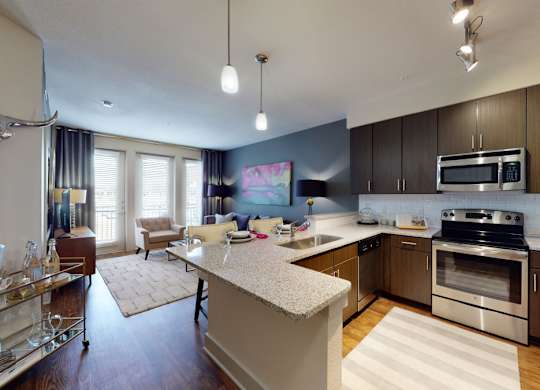 A modern kitchen with a cow skull on the wall.