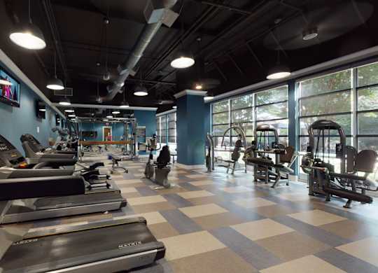 A gym with treadmills and exercise equipment.