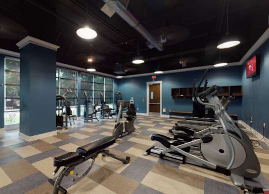 A gym with a variety of exercise equipment including treadmills, stationary bikes, and weight machines.