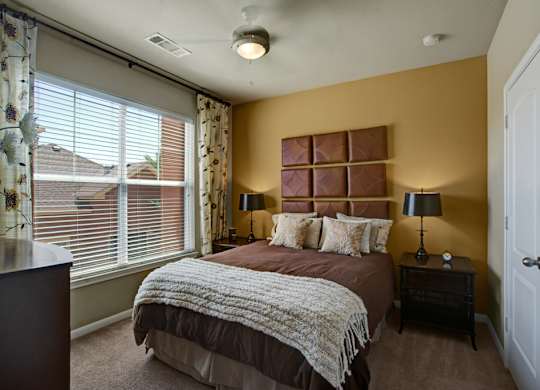 A cozy bedroom here at Palms at Briarwood featuring a comfortable bed with layered bedding, matching nightstands with lamps, soft carpet flooring, and a large window with blinds and patterned curtains that bring in natural light while creating a warm, inviting retreat.
