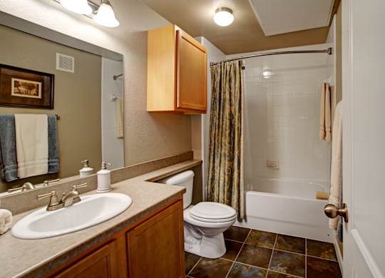 A bright bathroom here at Palms at Briarwood featuring a spacious vanity with a sink and mirror, warm wood cabinetry, a toilet, and a tub with a shower curtain, complemented by tile flooring and soft lighting that creates a clean, comfortable space.