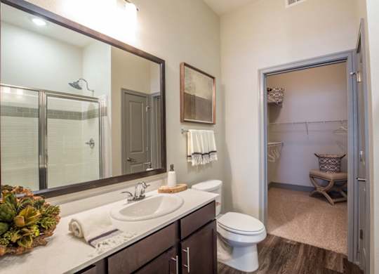 A bathroom here at Sorrel Fairview with a dark wood vanity, white countertop sink, large framed mirror, glass shower, and open walk-in closet visible, styled with neutral towels and small greenery accents.