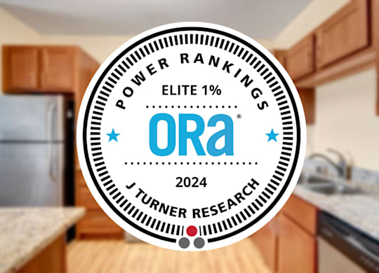 A circular emblem with the text "POWER RANKINGS ELITE 1%" and "ORA 2024" is superimposed on a kitchen background.