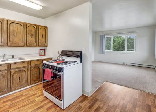 Compact kitchen here at the Village at Calais Apartments with wood cabinets, white stove, and a red towel, opens to a carpeted living room with large window showing lush greenery. Bright and cozy.