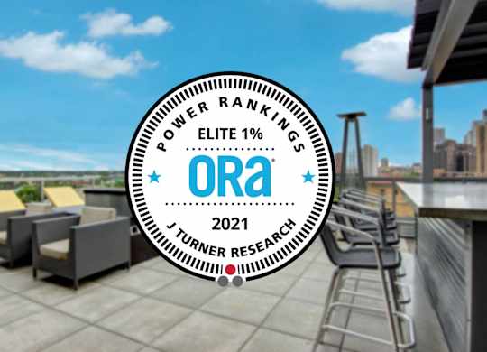 A rooftop patio with chairs and a logo that says "Elite 1% Power Rankings 2021".
