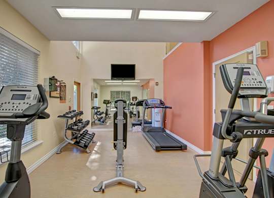 A bright fitness center here at Asbury Park featuring an open layout with neutral flooring, coral accent walls, and large windows with blinds that bring in natural light, equipped with cardio machines, free weights on a rack, strength training equipment, and a wall-mounted television, creating a clean and functional space for everyday workouts.