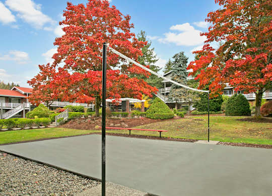 A landscaped outdoor volleyball court here at Colonial Square featuring a smooth paved playing surface with a central net, surrounded by green lawn, trimmed shrubs, and mature trees with vibrant autumn foliage, while nearby apartment buildings, walking paths, and seating areas create a park-like setting for recreation and relaxation.