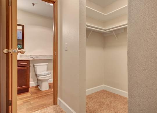 A spacious walk-in closet here at Forest Greens featuring beige carpet, neutral walls, and wraparound hanging rods with open shelving for storage. The closet sits just outside the bathroom, offering convenient access to a vanity area with a wood cabinet, light countertop, and toilet visible through the doorway.