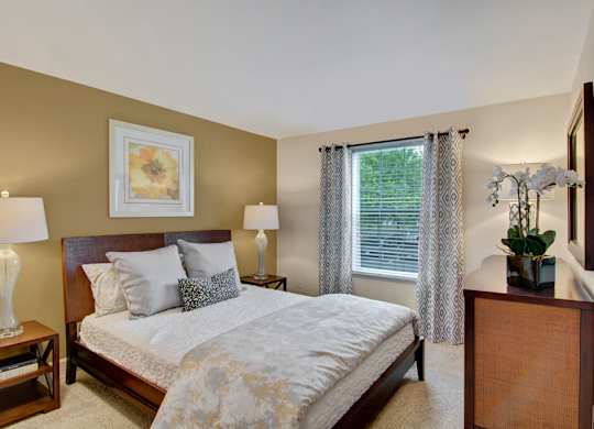 A welcoming bedroom here at Island Park featuring soft carpeting, a wood bed frame with layered neutral bedding and accent pillows, and matching bedside tables with lamps. A large window with patterned curtains brings in natural light, while a dresser with decorative greenery and framed wall art complete the calm, comfortable space.