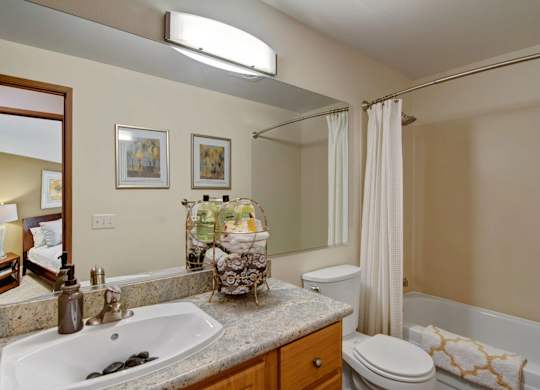 A clean bathroom here at Island Park featuring a granite-style vanity with an undermount sink, wood cabinetry, and a wide mirror with modern overhead lighting. A tub and shower combination with a curved curtain rod sits beside a toilet, while framed wall art and neatly arranged towels add a polished, comfortable feel.