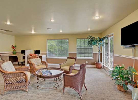 A welcoming community lounge here at Island Park featuring wicker seating arranged around a round coffee table, a mounted television, and multiple computer stations for resident use. Large windows and glass doors bring in natural light, while potted plants and neutral flooring create a comfortable, inviting space for relaxing or working.