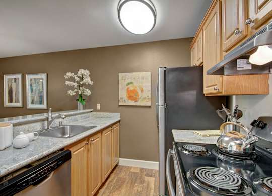 A functional kitchen here at Island Park featuring warm wood cabinetry, granite-style countertops, and a stainless-steel sink with a modern faucet. The space includes a full appliance suite, wood-look flooring, and coordinated wall art above the counter, creating a clean and practical layout with a welcoming feel.