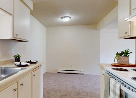 A compact kitchen here at Lakeside featuring light cabinetry, neutral countertops, and a functional galley-style layout with a sink and counter space on one side and a range on the other, complemented by simple countertop décor, overhead lighting, and a seamless transition into the adjacent carpeted dining or living area.