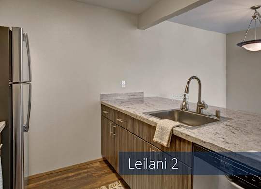 A modern kitchen here at Leilani on Greenwood featuring gray wood-style cabinetry, a light stone countertop, and an undermount sink with a tall gooseneck faucet. A refrigerator and dishwasher sit nearby, while wood-style flooring and soft overhead lighting complete the clean, functional cooking space.