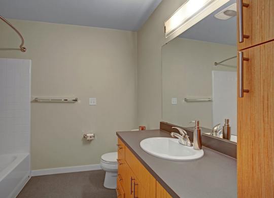A clean bathroom here at Leilani on Greenwood featuring a long vanity with warm wood cabinetry, a smooth countertop with an integrated sink, and a large wall mirror with overhead lighting. The space includes a toilet, towel bars, and a tub with a shower, creating a simple and functional layout with neutral finishes.