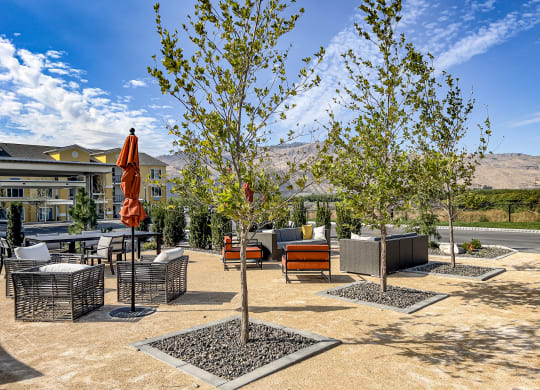 an outdoor patio with trees and a building in the background