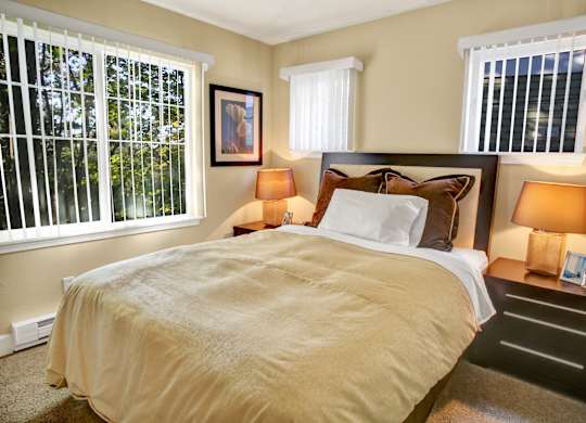 A cozy bedroom here at Regency Woods featuring a comfortable bed with layered neutral bedding, matching nightstands with warm table lamps, soft carpeted flooring, and multiple windows with vertical blinds that allow natural light while offering leafy outdoor views.