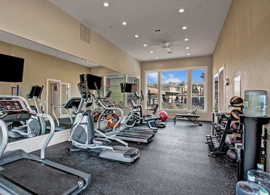 A modern fitness center here at Riverside 9 with cardio machines, free weights, mirrored walls, and large windows creating a bright, motivating workout space.