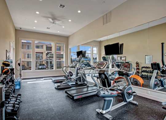 A modern fitness center here at Riverside 9 with cardio machines, free weights, mirrored wall, large windows, and bright lighting in a spacious, motivating environment.