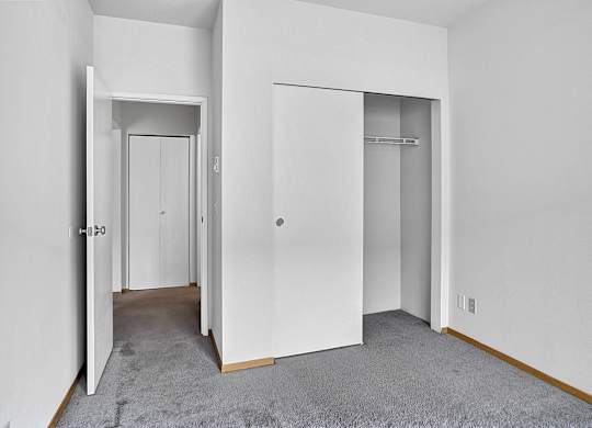 A white hallway with two doors and a carpeted floor.
