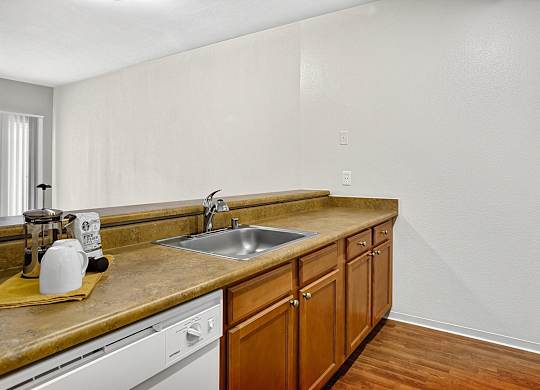A kitchen with a sink, dishwasher, and wooden cabinets.