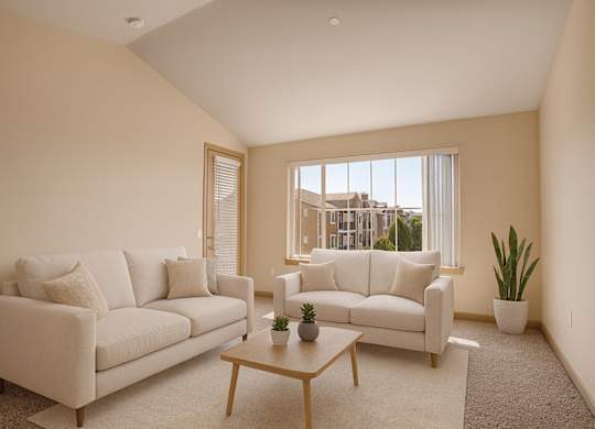 A bright living room here at The Vintage with beige carpet, soft cream walls, and large windows with vertical blinds bringing in natural light. Light neutral sofas and a wooden coffee table create a warm, inviting atmosphere.