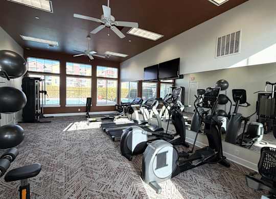 A bright fitness center here at The Vintage with large windows bringing in natural light and views of the pool area. Cardio machines, weight equipment, and exercise balls sit beneath high ceilings with fans and modern lighting.