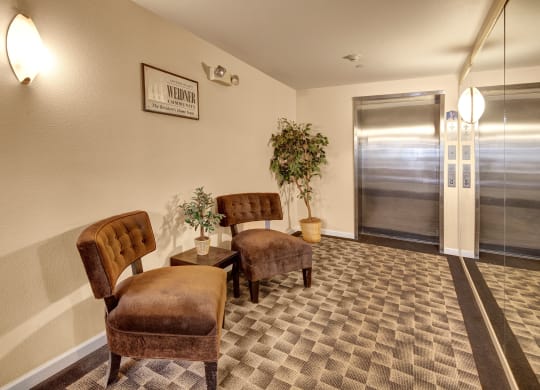 Lobby scene at Admirals  Cove Apartments featuring two brown chairs and potted plants on a patterned carpet near a metallic elevator. Soft lighting creates a warm, welcoming atmosphere.
