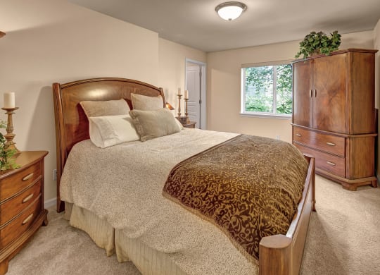Cozy bedroom with a large wooden bed, ornate pillows, and a patterned throw blanket. Wooden dresser and plants by a window create a warm, inviting ambiance. Located at Admirals Cove Apartments.