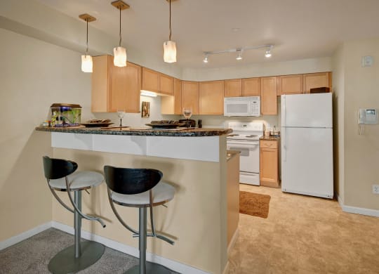 Compact kitchen with light wood cabinets, white appliances, and a small dining bar with two stools. Hanging lights illuminate the space, and a fishbowl sits on the counter at Admirals Cove Apartments