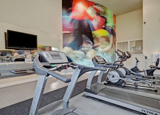Modern gym interior with treadmills, elliptical machines, and a blurred mural of colorful motion. A wall-mounted TV and large mirrors create a spacious feel. Located at The Alpine Apartments.