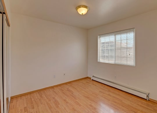 Empty bedroom with light wood flooring, cream walls, and a large window with blinds. A ceiling light fixture is centered, creating a serene, clean atmosphere. Amber Ridge Apartments.