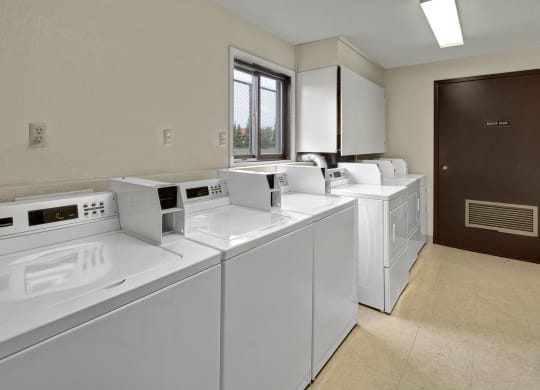 A clean laundromat with four white top-load washing machines lined up. A small window and dark door labeled "Boiler Room" are visible. Bright, orderly atmosphere. Arbor Pointe Apartments.
