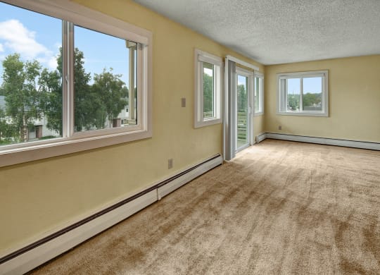 Bright, empty room with beige carpet, large windows, and glass sliding doors. Sunlight streams in, revealing green trees outside. Calm and airy atmosphere. Arctic Sun Apartments.