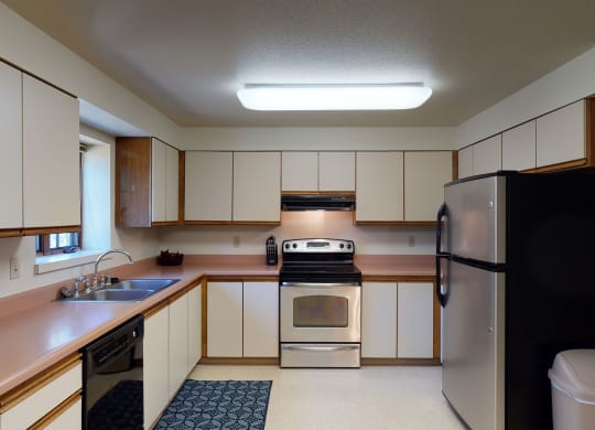 Modern kitchen here at Birchwood Apartments with beige cabinets, stainless steel stove and refrigerator, pink countertops, and a blue patterned rug. Bright overhead lighting.