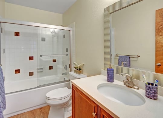 Modern bathroom here at Century Plaza with a white bathtub and glass doors. The vanity has a silver faucet, a large mirror, and blue patterned toothbrush holder and soap dispenser.