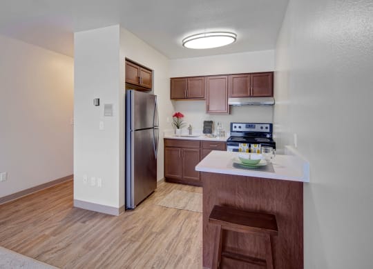 Compact kitchen here at Century Plaza with stainless steel fridge, dark wood cabinets, and electric stove. Light wood flooring and a small bar area with a stool. Warm, welcoming tone.