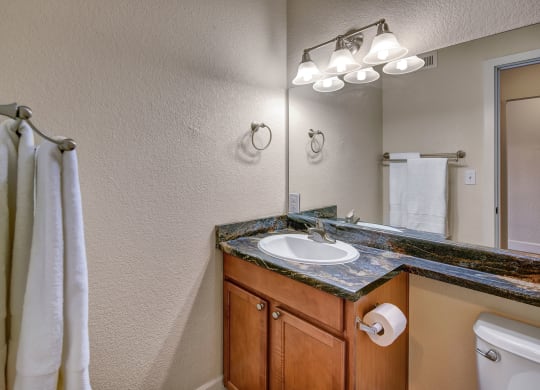 Bathroom here at City View Apartments with wooden vanity, marble countertop, and mirror. Three-light fixture above, white towels on racks, and a roll of toilet paper. Clean and modern.