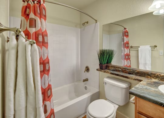 A small bathroom here at City View Apartments with a white tub and colorful red and white shower curtain. A marble countertop with a sink and potted plant adds a touch of elegance.