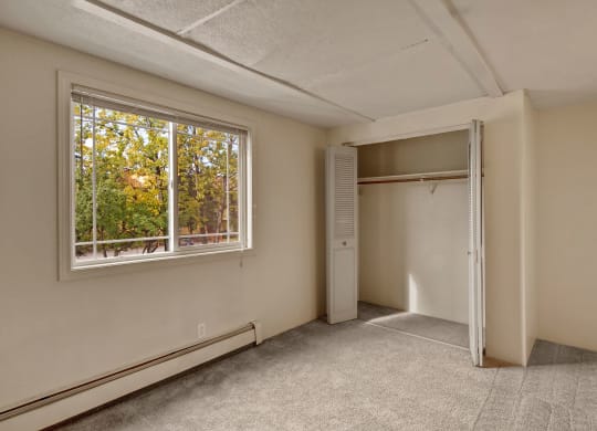 Empty bedroom here at College View Apartments with beige walls and carpet, featuring a window with a view of trees. Open closet on the right. The space feels calm and minimalistic.