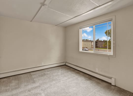 Empty bedroom here at College View Apartments with beige walls, light gray carpet, and a large window revealing a view of trees and buildings outside. The tone is calm and neutral.